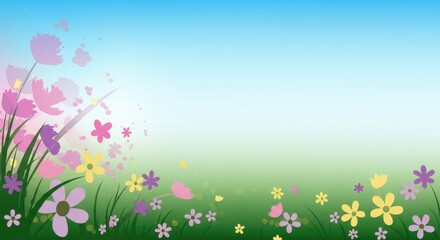 Whimsical wildflower meadow scene under a sunny sky