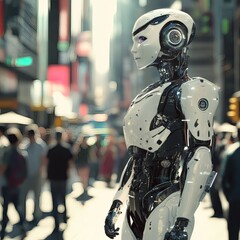 Fototapeta premium Futuristic humanoid robot standing among pedestrians in urban cityscape