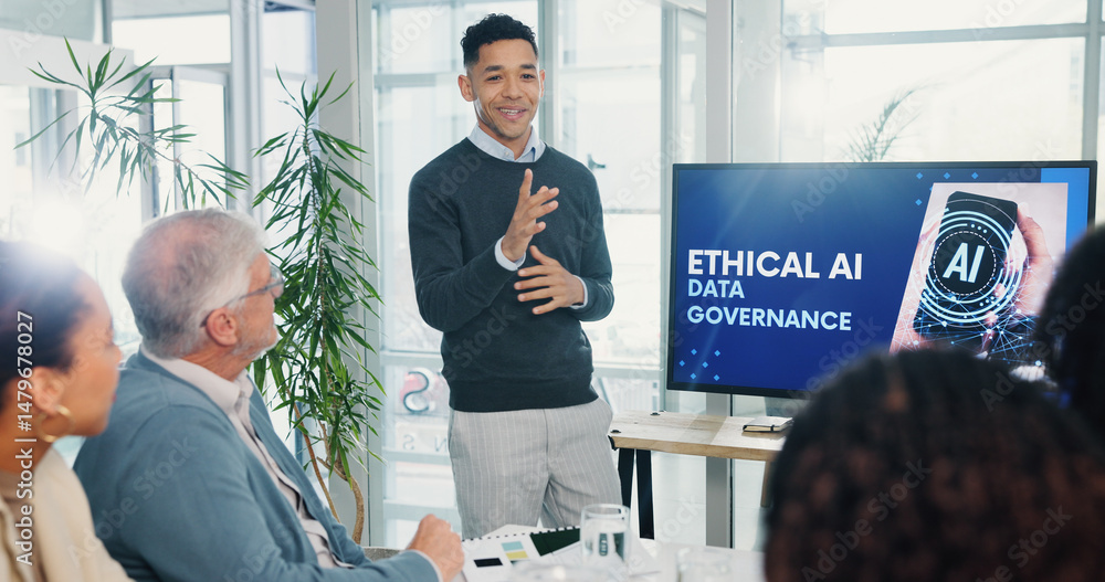 Poster man, presentation and screen with meeting for ai ethics, smile and planning for future web developme