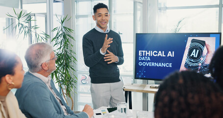 Man, presentation and screen with meeting for AI ethics, smile and planning for future web...