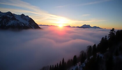 Alpine vista with sunrise illumination and cloudscape, a dreamlike scenery