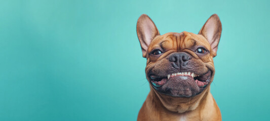 Funny animal pet photography - Close up head portrait of angry french bulldog dog, isolated on blue background
