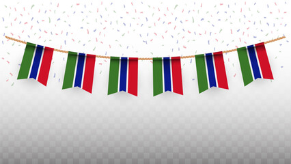 Vector illustration of the country flag of Gambia with confetti on transparent background. hanging flag for Independence Day celebration