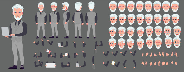 Man Character design. Front, side, back view and explainer animation poses. Character set with lip sync and facial expressions of Happy, angry, sad, Joy with Side walk cycle animation sequence sprite 
