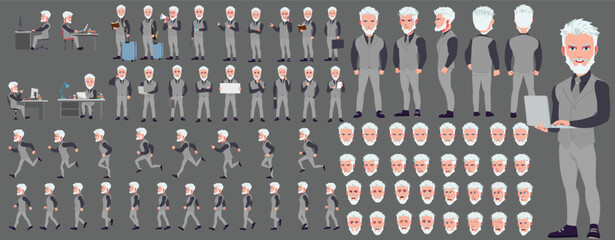 Man Character design. Front, side, back view and explainer animation poses. Character set with lip sync and facial expressions of Happy, angry, sad, Joy with Side walk cycle animation sequence sprite 