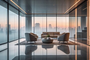 Serene Executive Lounge with Hazy Reflections in Contemporary Office Design