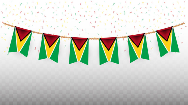 Vector illustration of the country flag of Guyana with confetti on transparent background. hanging flag for Independence Day celebration