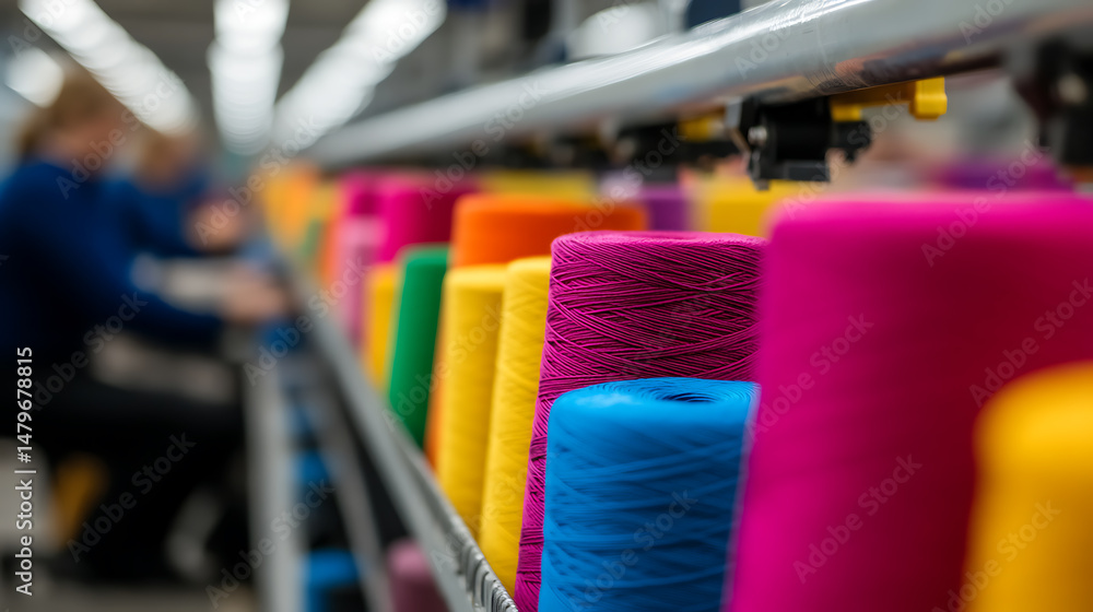 Aufkleber colorful thread spools on a factory conveyor belt show a diverse range of thread colors, creating a 