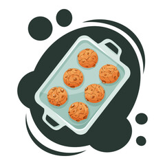 Vector tray with chocolate chip cookies. Fresh baked dessert. Cozy homemade snack concept.