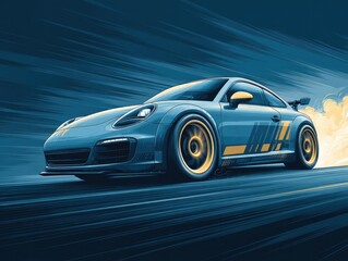 Obraz premium High-speed blue sports car on motion background for dynamic flyer design