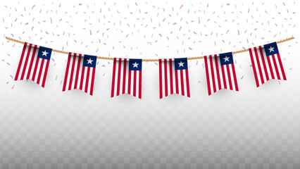 Vector illustration of the country flag of Liberia with confetti on transparent background. hanging flag for Independence Day celebration