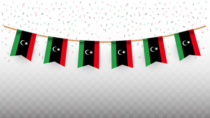 Vector illustration of the country flag of Libya with confetti on transparent background. hanging flag for Independence Day celebration