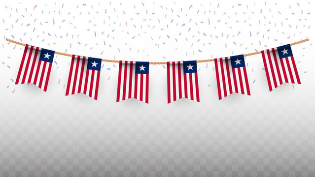 Vector illustration of the country flag of Liberia with confetti on transparent background. hanging flag for Independence Day celebration