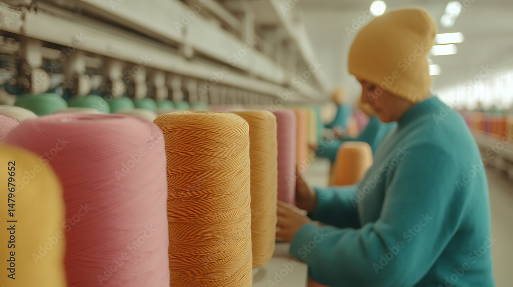 Poster worker at textile factory overseeing yarn production. colorful spools lined up. quality control and 