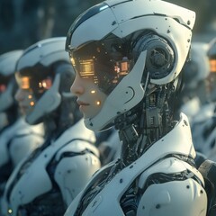 Fototapeta premium Robotic Humanoid Army Standing in Formation Wearing Head Mounted Displays