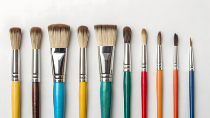 Fototapeta premium Colorful Assorted Paint Brushes – Art Supplies for Painting, Drawing, and Creative Projects on White Background.