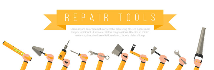Carpenter using hammer drill wrench and screwdriver in carpenter's shop with paint ruler saw icon vector construction tool collection wood business support repair silhouette flat design

