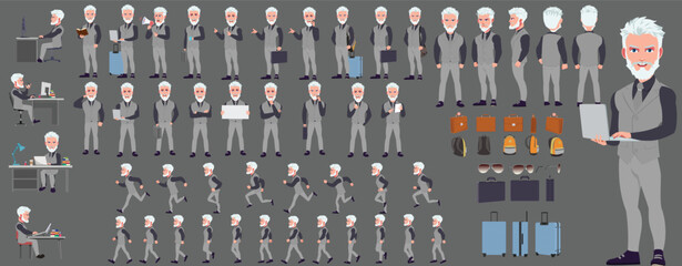 Man Character design. Front, side, back view and explainer animation poses. Character set with lip sync and facial expressions of Happy, angry, sad, Joy with Side walk cycle animation sequence sprite 