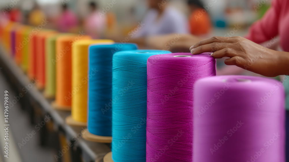 Poster a vibrant array of colorful spools of thread lines a production line, with a hand gently resting on 