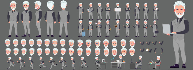 Man Character design. Front, side, back view and explainer animation poses. Character set with lip sync and facial expressions of Happy, angry, sad, Joy with Side walk cycle animation sequence sprite 