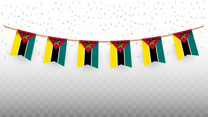 Vector illustration of the country flag of Mozambique with confetti on transparent background. hanging flag for Independence Day celebration