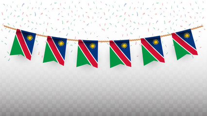 Vector illustration of the country flag of Namibia with confetti on transparent background. hanging flag for Independence Day celebration