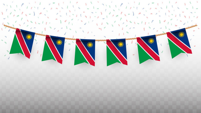 Vector illustration of the country flag of Namibia with confetti on transparent background. hanging flag for Independence Day celebration