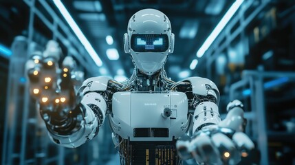 Advanced humanoid robot, intricate design, glowing lights, futuristic setting