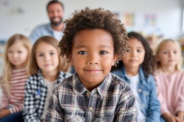 Diverse group of children engaged in classroom learning with teacher in the background