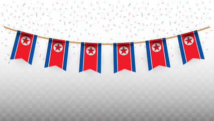 Vector illustration of the country flag of North Korea with confetti on transparent background. hanging flag for Independence Day celebration