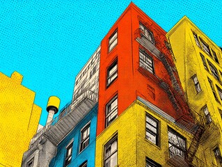 Urban cityscape, stylized comic book illustration