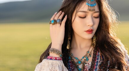 Naklejka premium Asian woman with jewelry in prairie setting