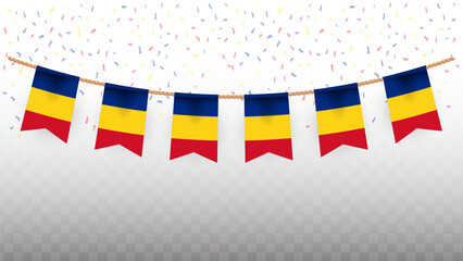 Vector illustration of the country flag of romania with confetti on transparent background. hanging flag for Independence Day celebration