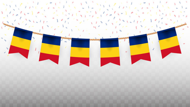 Vector illustration of the country flag of romania with confetti on transparent background. hanging flag for Independence Day celebration