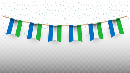 Vector illustration of the country flag of Sierra Leone with confetti on transparent background. hanging flag for Independence Day celebration