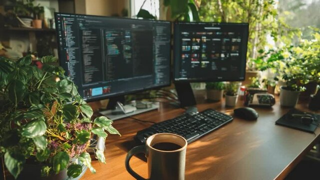 Workspace in Bloom: A cozy workspace with dual monitors, lush plants, a warm cup, embodying the comfort and inspiration of working in a vibrant, nature-filled environment.
