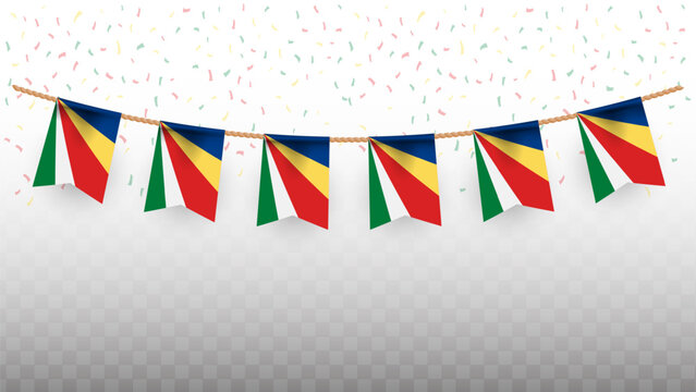 Vector illustration of the country flag of Seychelles with confetti on transparent background. hanging flag for Independence Day celebration