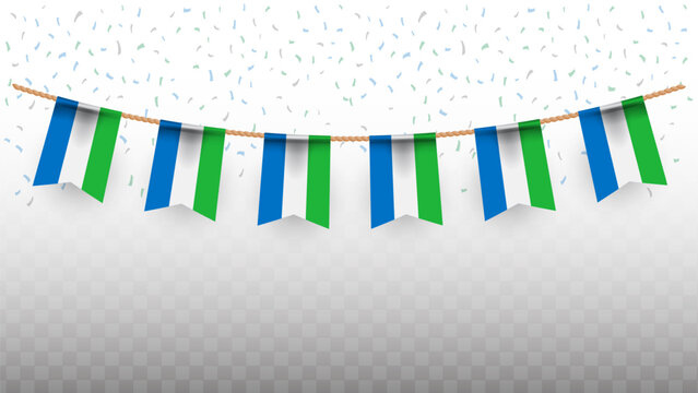 Vector illustration of the country flag of Sierra Leone with confetti on transparent background. hanging flag for Independence Day celebration - Powered by Adobe