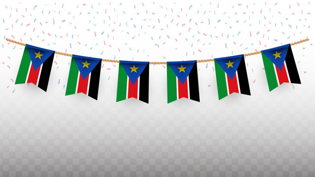 Vector illustration of the country flag of South Sudan with confetti on transparent background. hanging flag for Independence Day celebration