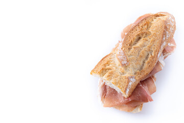 Spanish serrano ham sandwich isolated on white background. Copy space