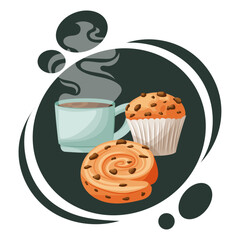 Vector illustration of coffee cup with chocolate muffin and roll. Cozy breakfast or cafe concept.