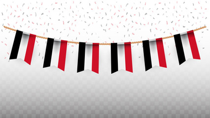 Vector illustration of the country flag of Yemen with confetti on transparent background. hanging flag for Independence Day celebration