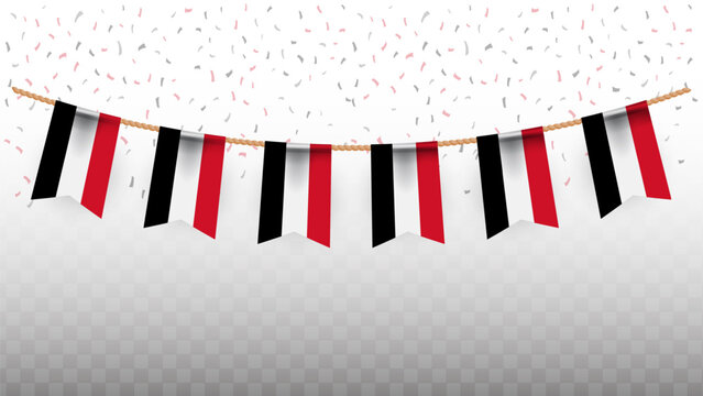 Vector illustration of the country flag of Yemen with confetti on transparent background. hanging flag for Independence Day celebration