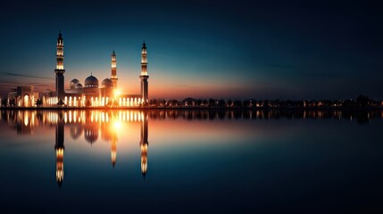 Fototapeta premium Illuminated Mosque at Dusk with Minarets Reflected in Water, Capturing the Essence of Faithful Gatherings