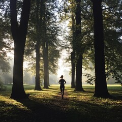 Woman Jogging on a Path Through a Forest in Early Morning Sunlight