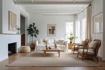 Serene Open-Plan Living Space with Minimalist White Walls and Simple Decor