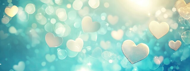 Delicate hearts float in a soft teal background, with bokeh light effects, creating a dreamy and romantic atmosphere