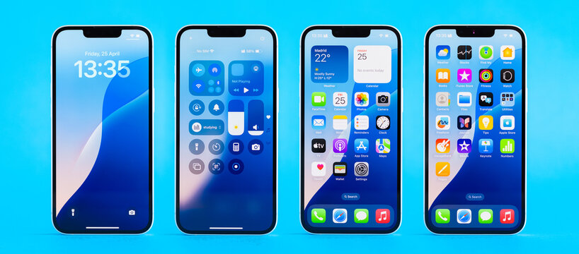Madrid, Spain - April 25, 2025: User interface and app icons of the latest Apple iPhone 16e mobile phone.