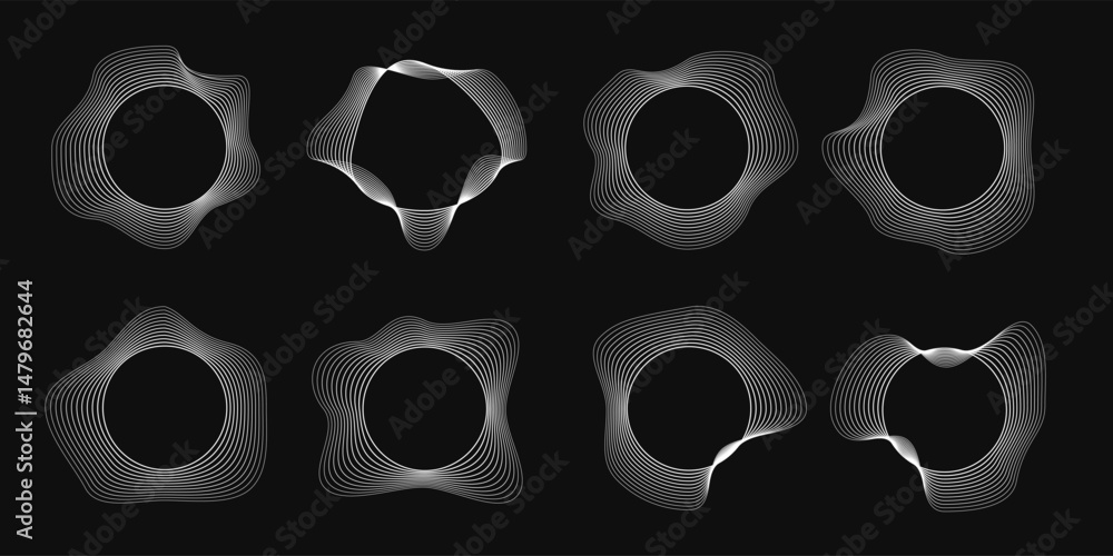 Poster set of round curved frames with dynamic wavy stripes