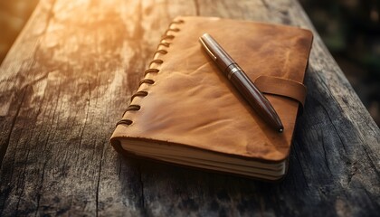 Leather-bound notebook resting on weathered wood.